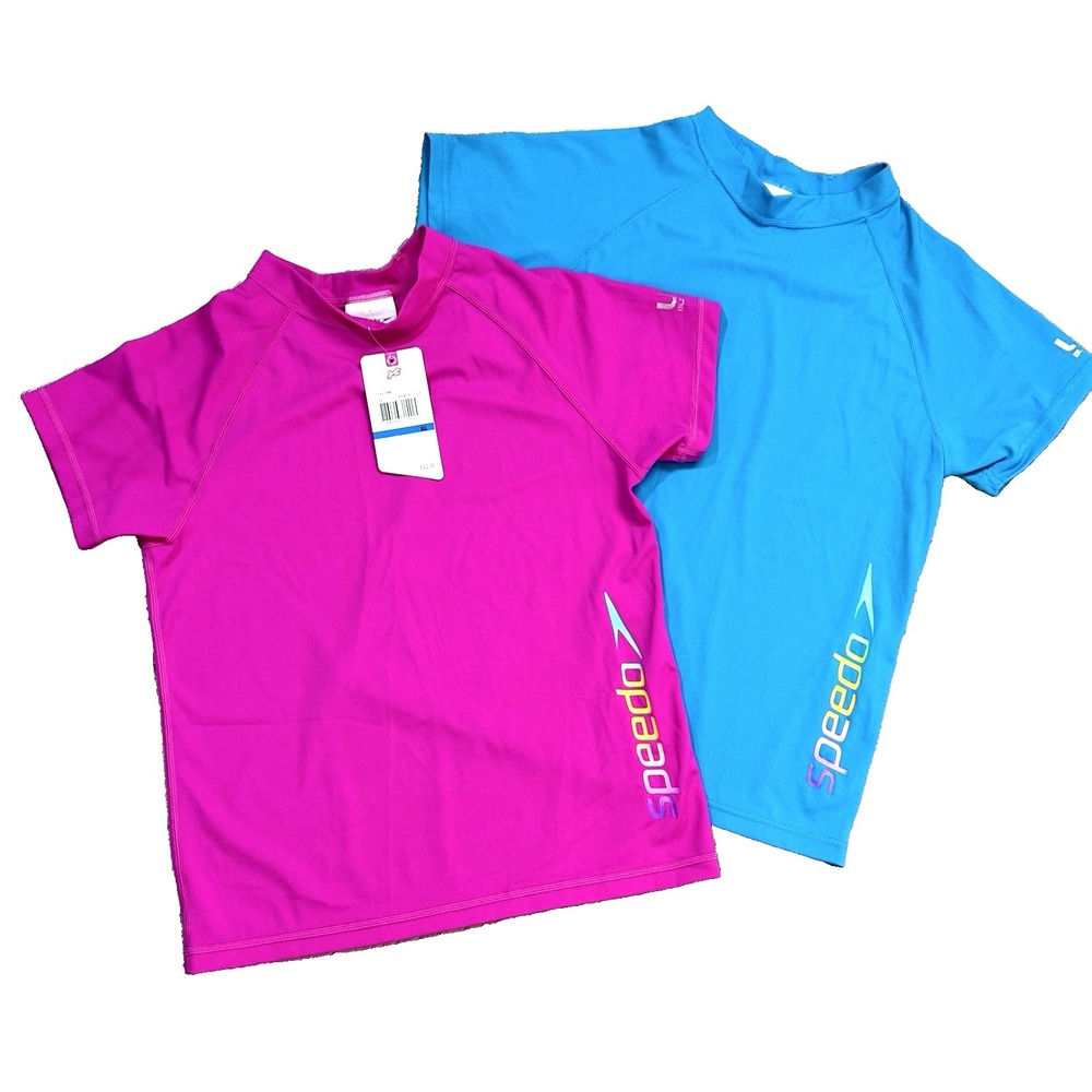 New Speedo Rash Guard Swimsuit Top Lot Girls XL UPF 50 Pink Blue Short Sleeve